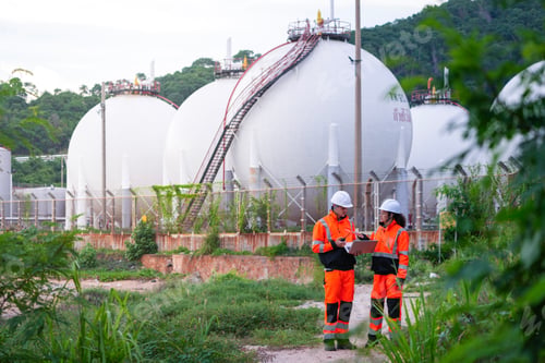 Preview: wo engineers in high-visibility safety gear and hard hats discuss project plans