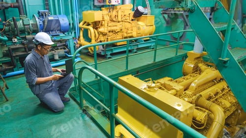 Preview: Asian engineer using laptop to checking engine quality system in engine room of nautical ship