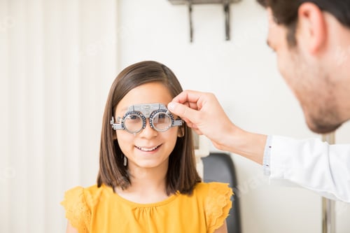 Preview: Cute girl wearing trial frame in ophthalmology clinic