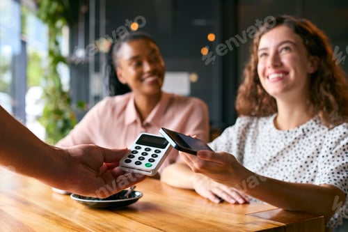 Preview: Woman In Coffee Shop Paying Bill With Contactless Mobile Phone Payment