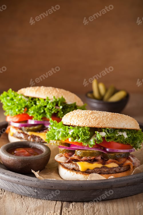 Preview: bacon cheese burger with pickles tomato onion