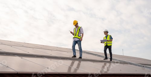 Preview: Engineer service check installation solar cell on the roof of factory.