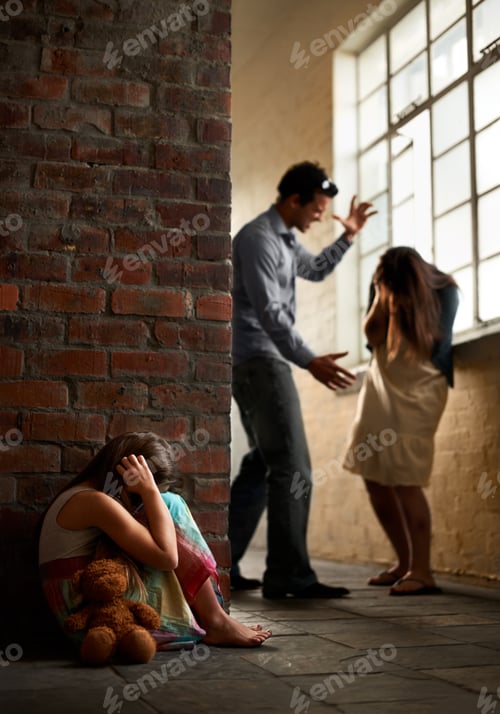 Preview: History of abuse. Little girl huddled over while her father abuses her mother nearby.