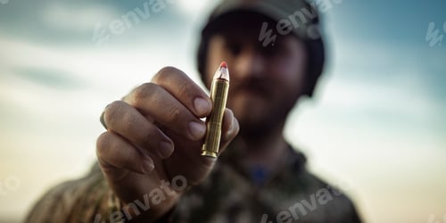 Preview: Male showing a bullet holding in his hand - hunting