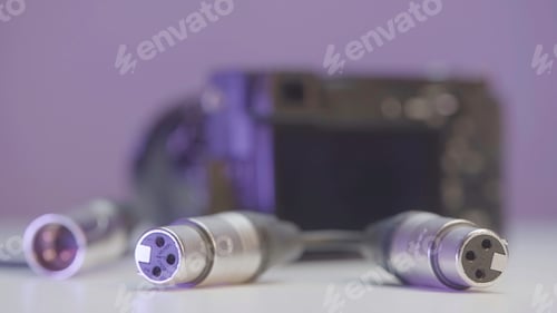 Preview: Close-up of microphone wires. Action. Cables with XLR connector for connecting microphones. Cables