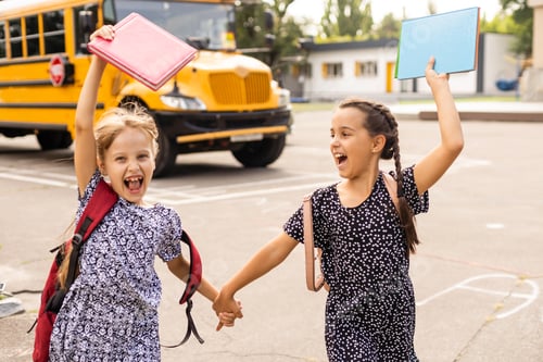 Preview: Happy Schoolgirls outdoor. Back to School