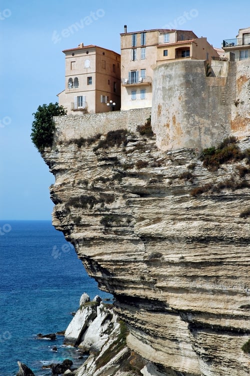 Preview: Bonifacio coastal town. Houses built on a cliff above the sea. Corsica, France
