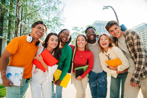 Preview: Big group of real students smiling and looking at camera together at high school. Happy teenagers