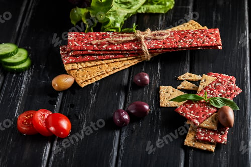 Preview: Beetroot and rye flour crackers with vegetables for making snacks on a black background.