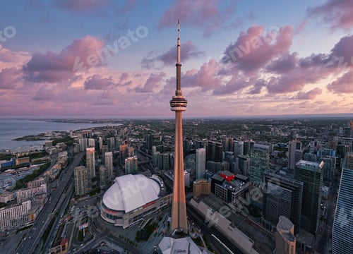 Preview: Aerial view of CN Tower in Toronto, Ontario, Canada at sunset