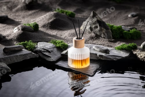 Preview: Unique fragrance diffuser in an oasis on stony black desert.