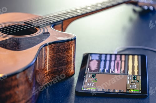 Preview: Acoustic guitar and tablet on the table, music recording concept.