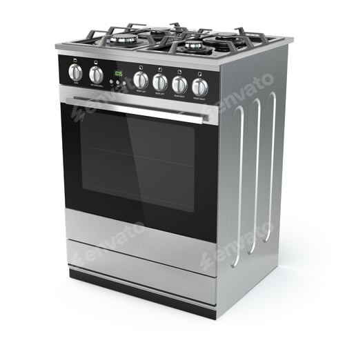 Preview: Stainless steel gas cooker with oven isolated on white.