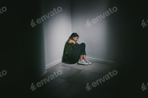 Where is everyone when you need them. Shot of a young woman sitting in the corner of a dark room.