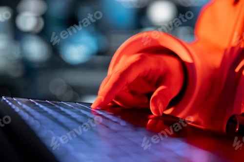 Preview: Close up of spaceship engineer typing on laptop, fixing equipment