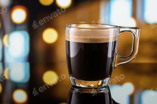 Preview: Glass cup of espresso coffee on the bar counter with blurred background. Copy space.