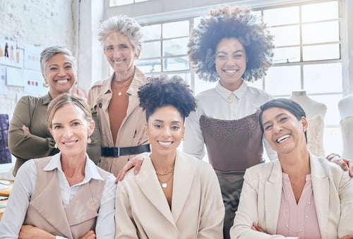 Preview: Women team, designer portrait and fashion meeting of a marketing group happy about teamwork. Ecomme