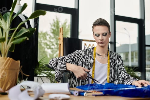 Preview: A talented gender fluid fashion designer designing a vibrant garment in a modern studio space