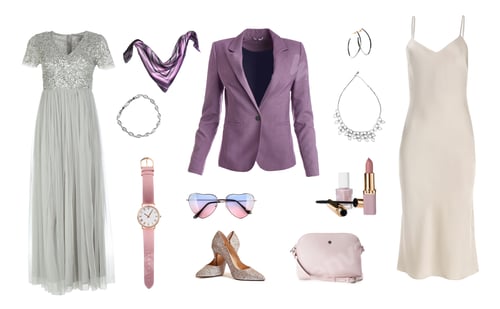 Preview: Fashionable women's clothes and accessories isolated on white. Stylish outfit collage