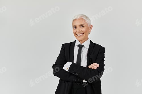 Preview: Stylishly Confident Woman With Short Hair Posing in Modern Attire