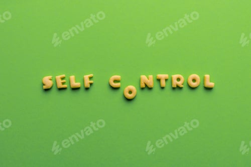 Preview: self controt concept, words made of cookies isolated on green. healthy lifestyle and healthy living