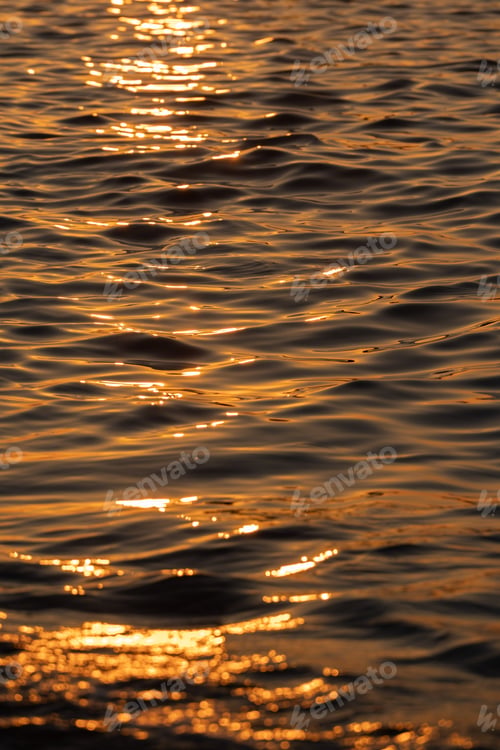 Preview: Ripple sea ocean water surface with golden sunset light. Sea wave close up