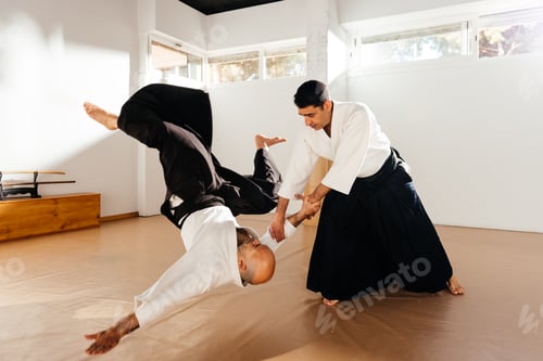 Preview: Martial Arts Practitioners Perfecting Technique During Indoor Training Session