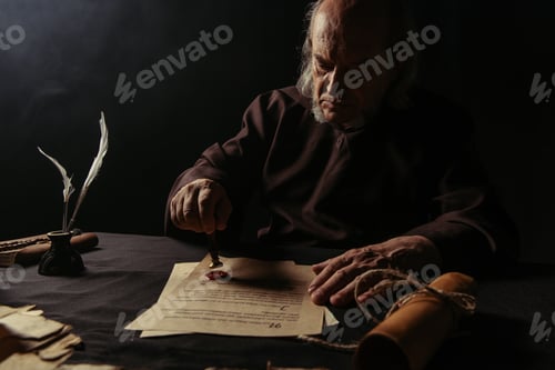 Preview: ancient monk stamping manuscript with wax seal near rolled parchment isolated on black