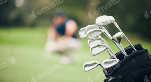 Preview: Golf, sports and golfing club in bag on course for game, practice and training for competition. Pro