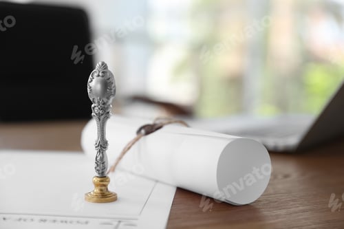 Preview: Vintage notary stamp and documents on desk, closeup