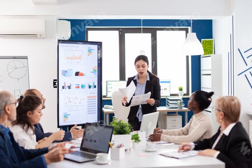 Preview: Angry furious manager woman screaming at diverse company workers