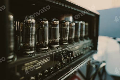 Preview: close-up shot of sound amplifier with lamps at recording studio