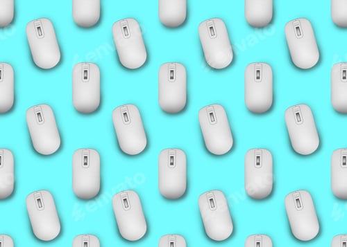 Preview: Many white computer mouses on turquoise background, flat lay. Seamless pattern design