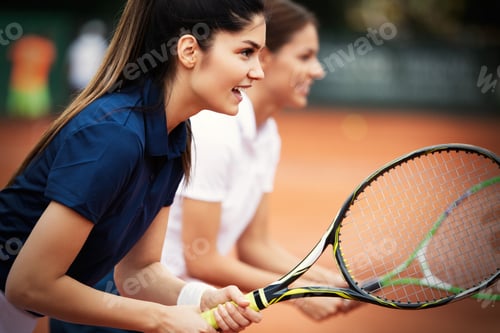Preview: Happy fit people playing tennis together. Sport concept