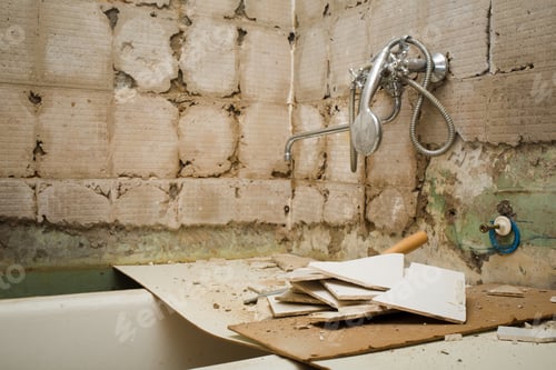 Preview: old bathroom without renovation. chipped tile. preparation for home renovation