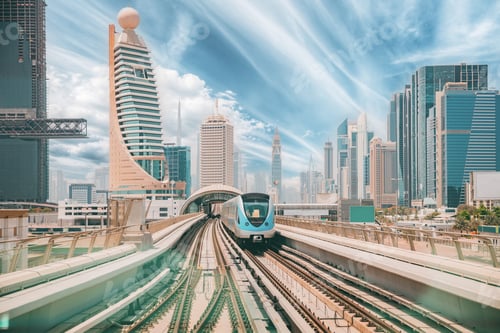 Preview: Monorail Subway train rides among glass skyscrapers in Dubai. Traffic on street in Dubai. Cityscape