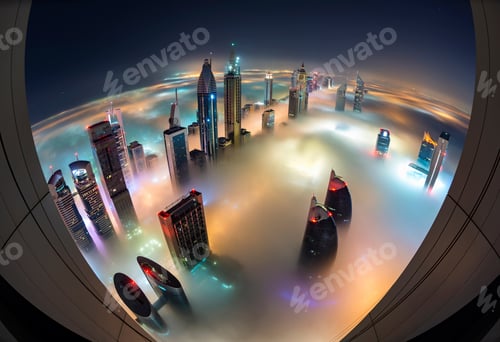 Preview: Aerial view of cityscape with illuminated skyscrapers above the clouds in Dubai, United Arab