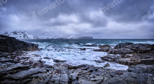 Preview: Norwegian Sea waves on rocky coast of Lofoten islands, Norway