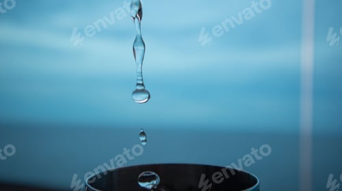 Preview: Closeup of waterdrops pouring into a metallic cup on a blurry blue background