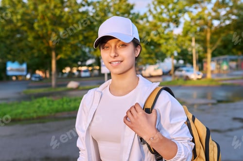 Preview: Outdoor portrait smiling high school student girl with backpack