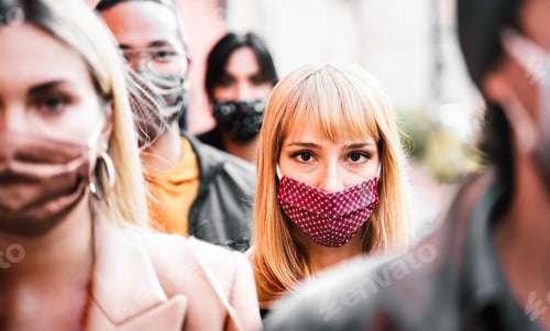 Preview: Urban crowd of citizens walking on city street covered by face mask