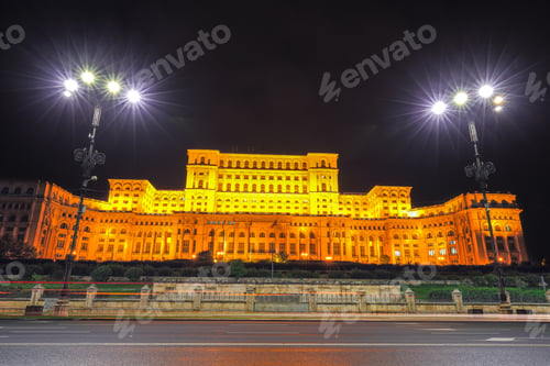 Preview: Dramatic evening view of Palace of the Parliament Bucharest city