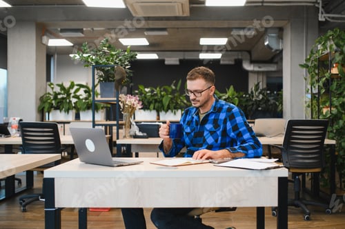 Preview: Man working on laptop in modern coworking office