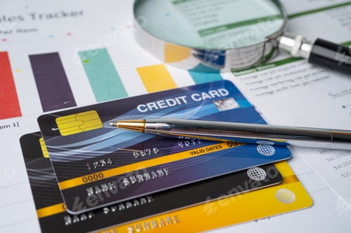 Preview: Credit card on chart and graph paper. Finance development, Banking Account, Statistics, Investment