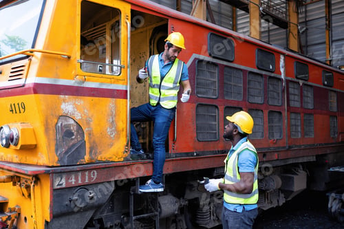 Preview: Railroad train maintenance engineer look around discussion with team how to start maintenance work