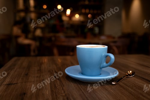 Preview: Coffee in blue cup on table in cafe