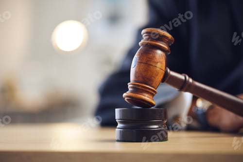 Preview: Law, judge and closeup of lawyer with gavel for justice, court hearing and legal trial for magistra