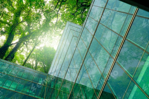 Preview: Eco-friendly building in modern city. Sustainable glass office building with trees for reducing CO2.