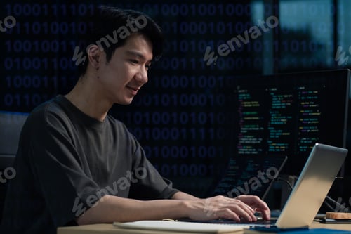 Preview: Hacking and malware concept. Hacker using abstract laptop with binary code digital interface.