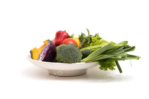 Preview: Assort fresh fruits and vegetables in dish isolated on white background